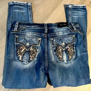 Miss Me Buckle Curvy Ankle Skinny Stretch Jean with Leopard Angel Wings